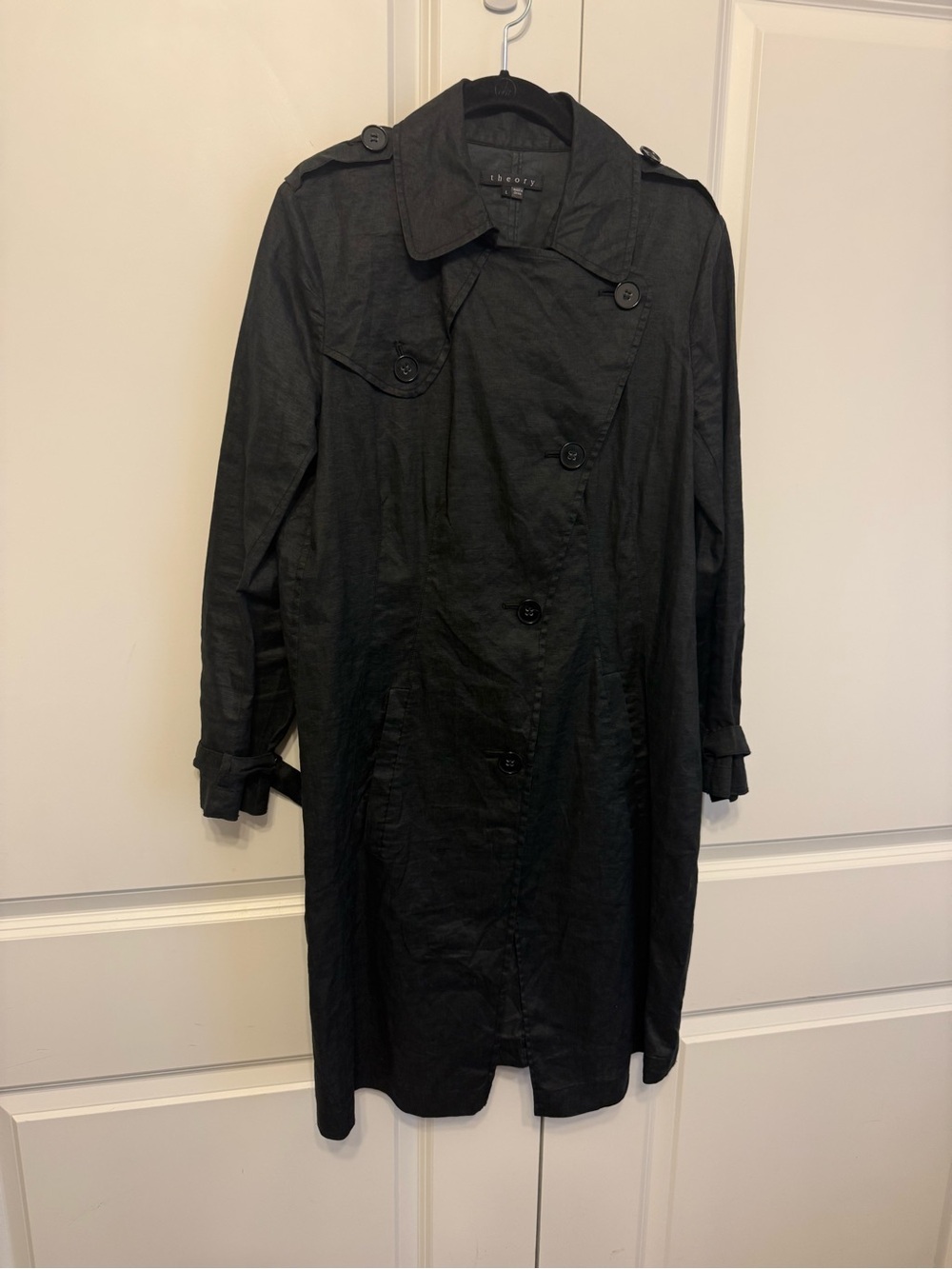 Theory Black Linen Women's Trench Coat - Sz L